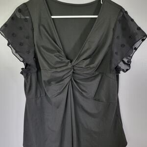 Black Blouse Womens Sz 3XL Chiffon Sleeves Shirred V-Neck Feminine Dressy Witchy